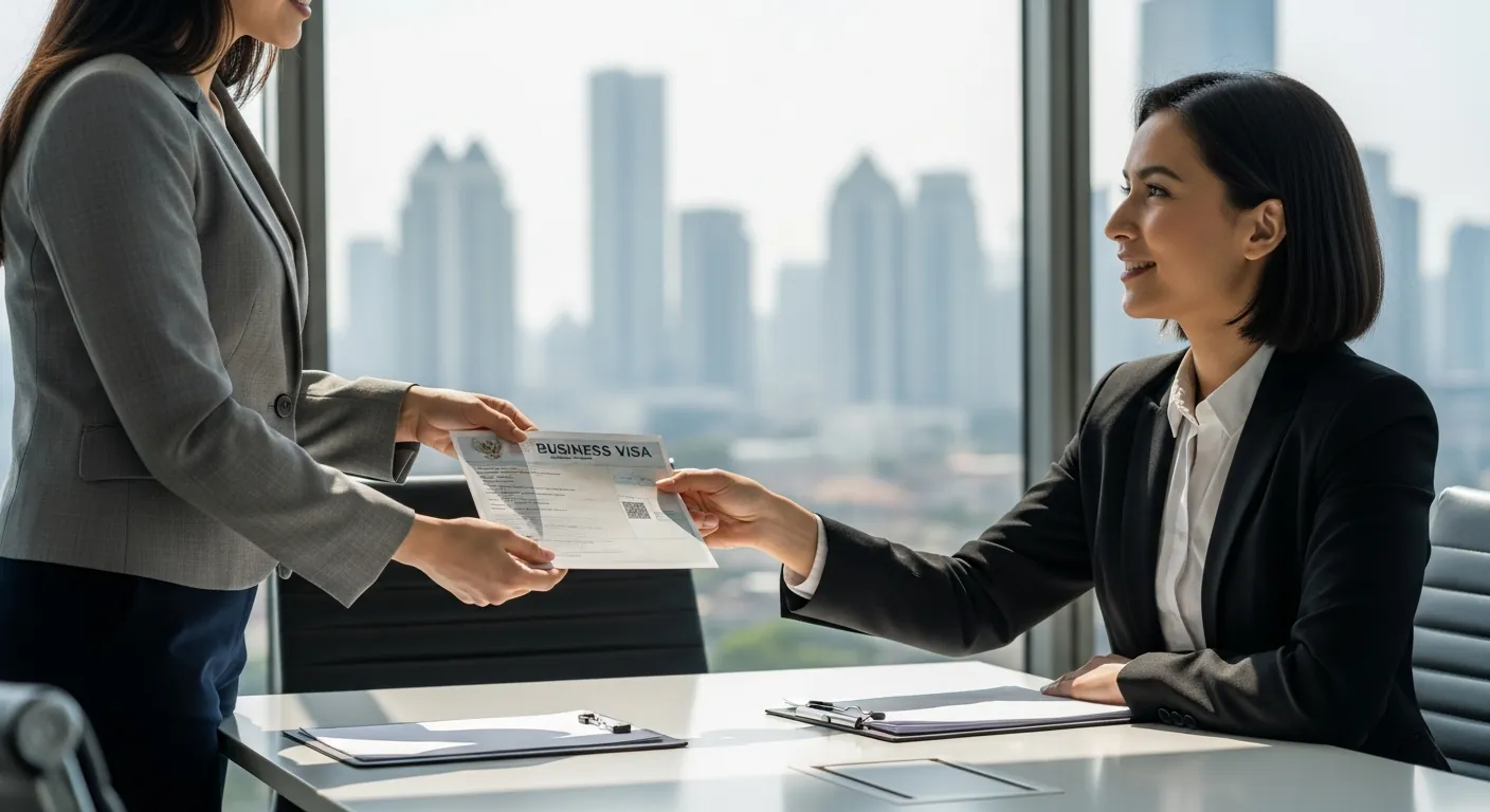 Diverse business professionals review Indonesian business visa documents in a modern Jakarta office overlooking the city skyline.